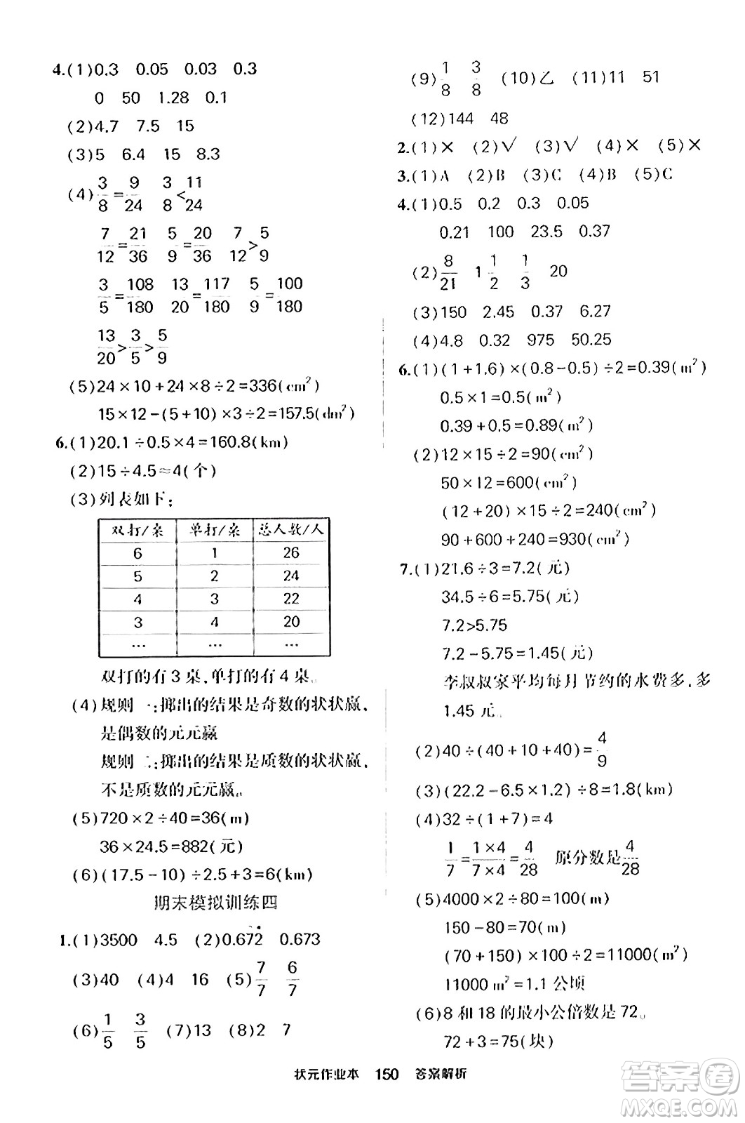 武漢出版社2023年秋狀元成才路狀元作業(yè)本五年級數(shù)學(xué)上冊北師大版答案