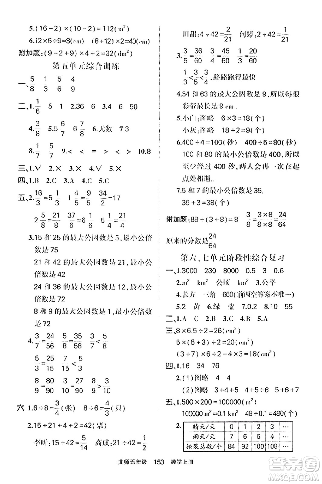 武漢出版社2023年秋狀元成才路狀元作業(yè)本五年級數(shù)學(xué)上冊北師大版答案