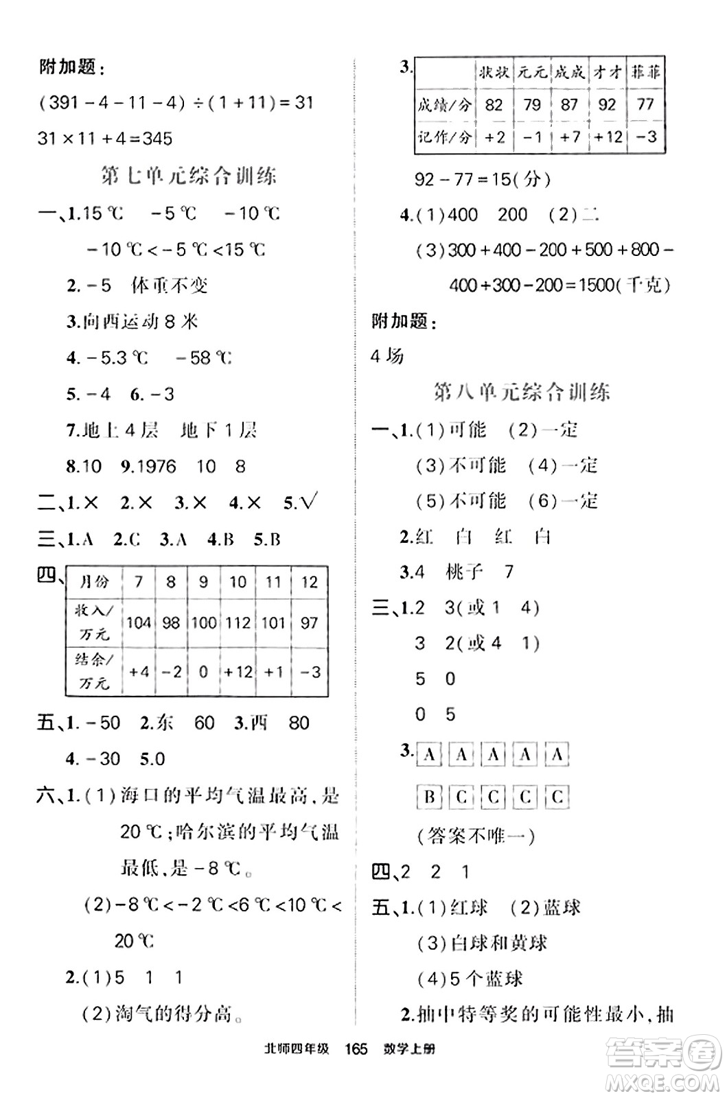 武漢出版社2023年秋狀元成才路狀元作業(yè)本四年級數學上冊北師大版答案