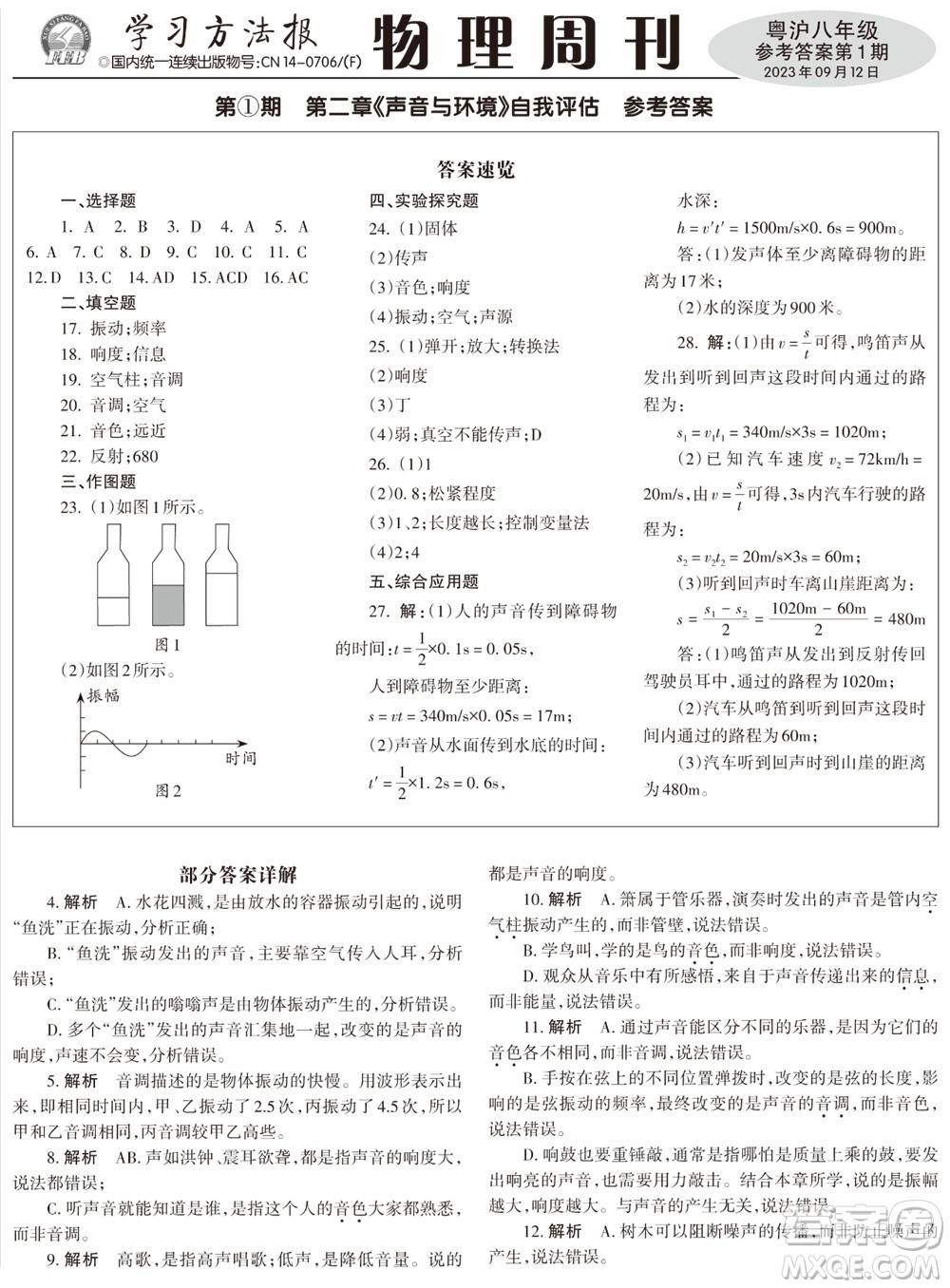 2023年秋學(xué)習(xí)方法報(bào)物理周刊八年級(jí)上冊(cè)粵滬版第1期參考答案