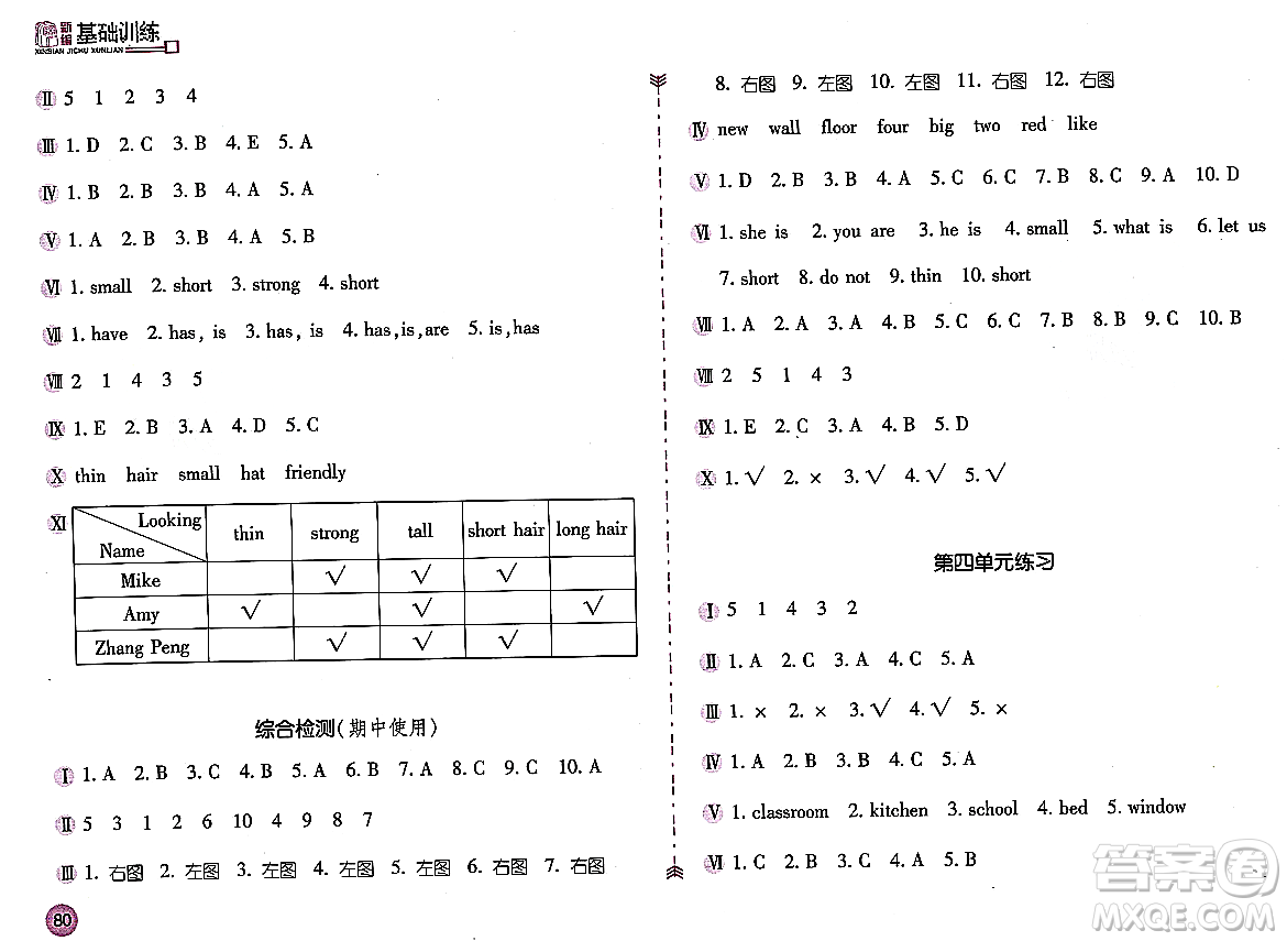 安徽少年兒童出版社2023年秋新編基礎訓練四年級英語上冊人教版答案