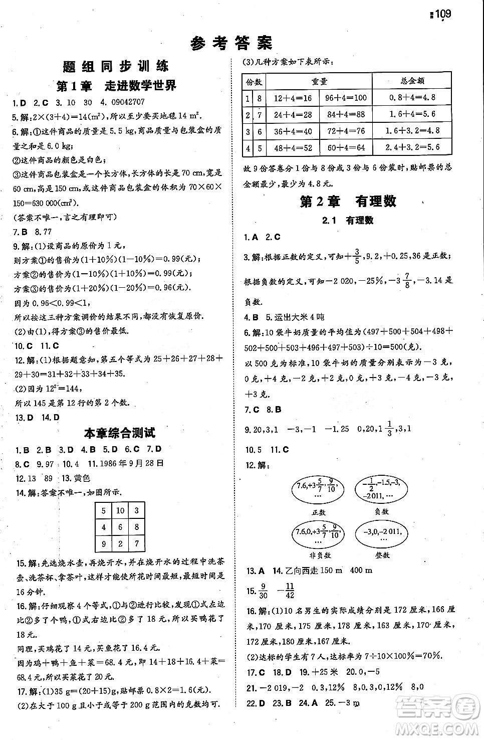 湖南教育出版社2023年秋一本同步訓(xùn)練七年級(jí)數(shù)學(xué)上冊(cè)華東師大版答案