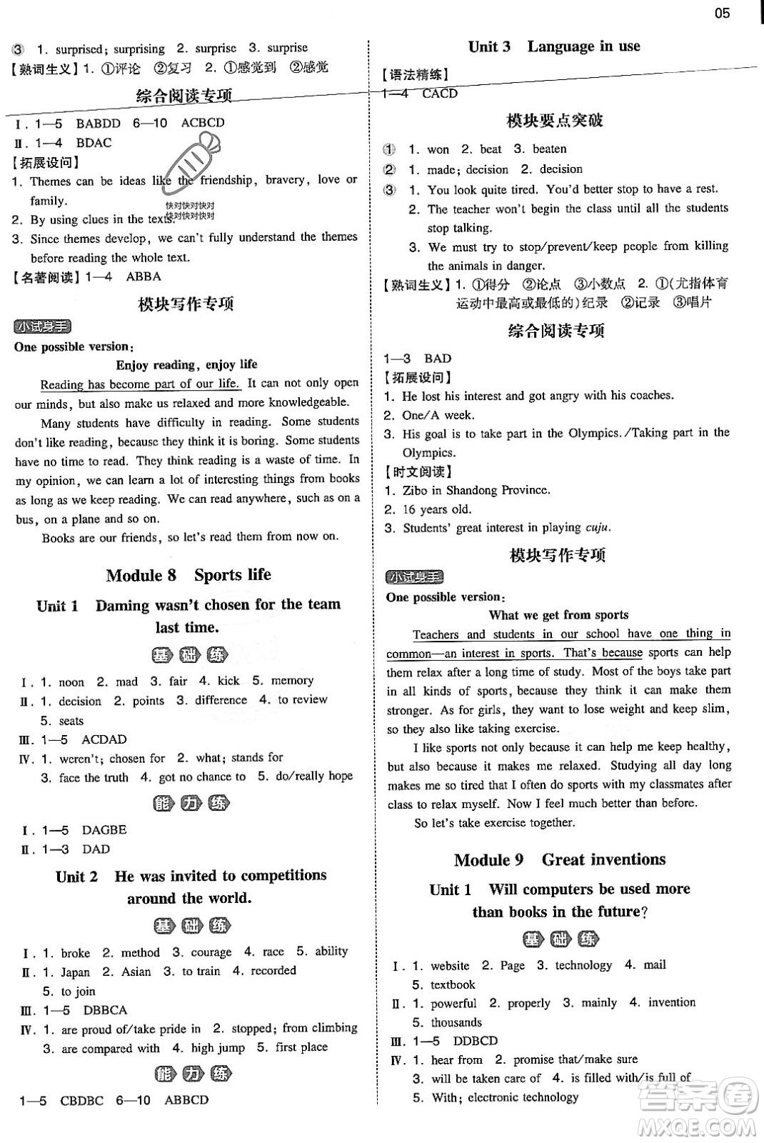 湖南教育出版社2023年秋一本同步訓練九年級英語上冊外研版答案