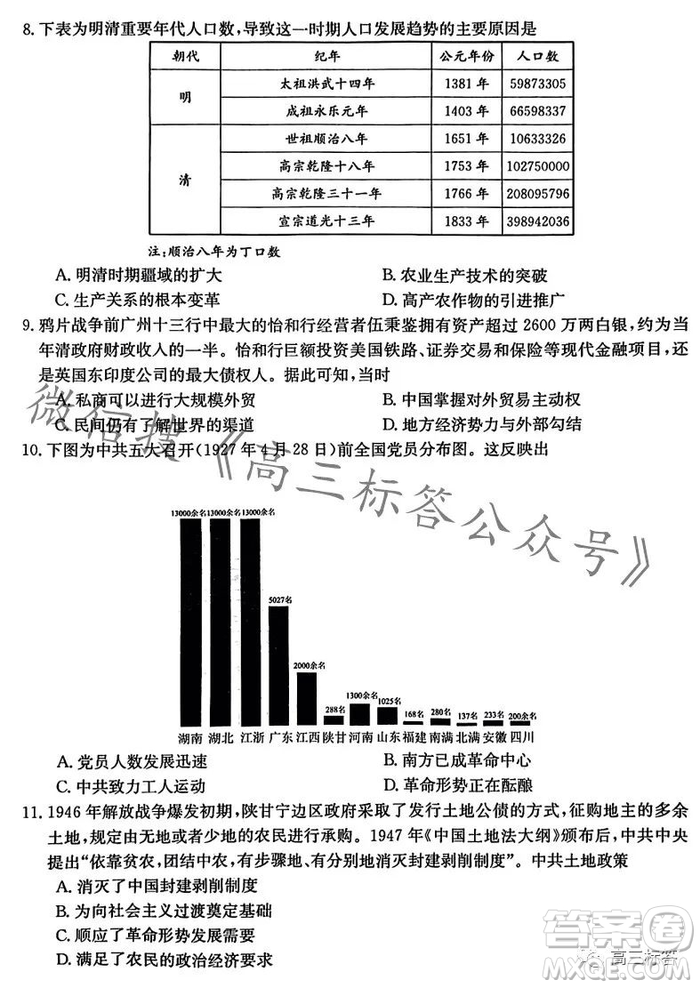 2024屆皖南八校高三第一次大聯(lián)考?xì)v史試卷答案