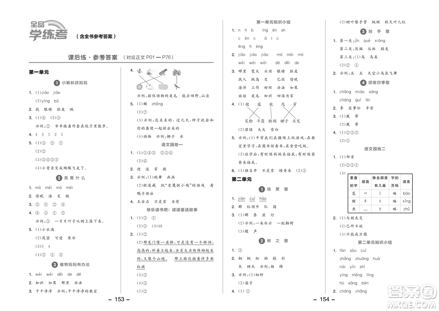 開(kāi)明出版社2023年秋全品學(xué)練考二年級(jí)語(yǔ)文上冊(cè)人教版參考答案