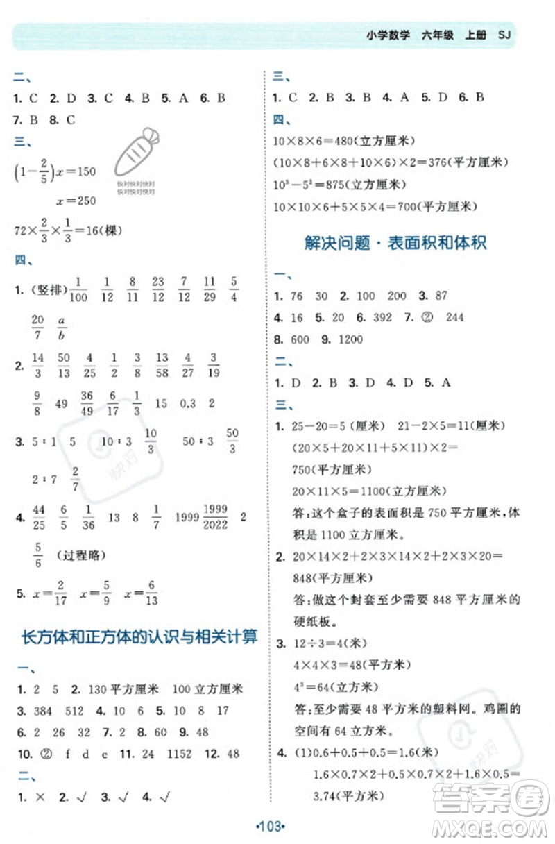 首都師范大學(xué)出版社2023年秋53單元?dú)w類復(fù)習(xí)六年級(jí)數(shù)學(xué)上冊(cè)蘇教版參考答案