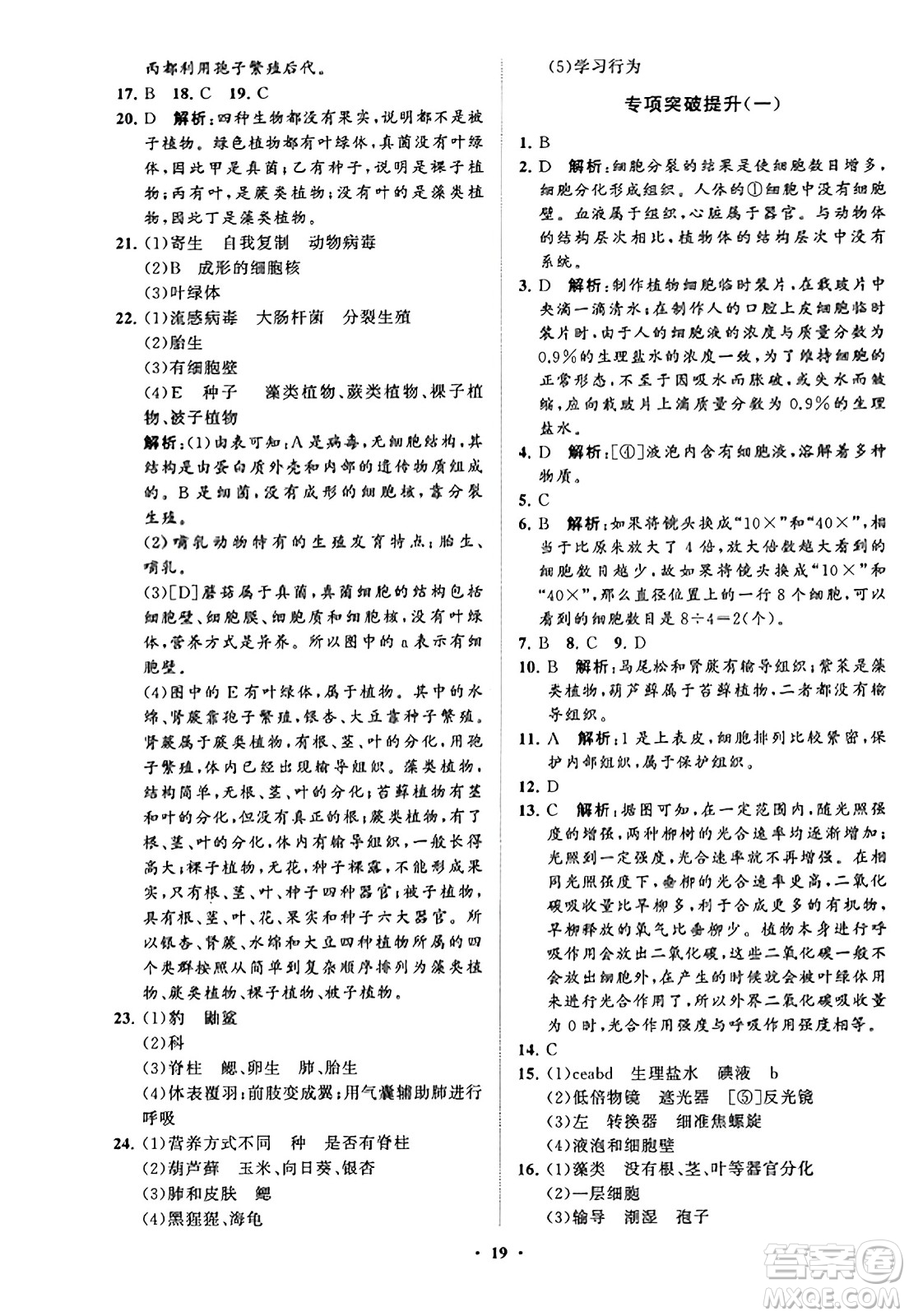 山東教育出版社2023年秋初中同步練習(xí)冊(cè)分層卷七年級(jí)生物學(xué)上冊(cè)通用版答案