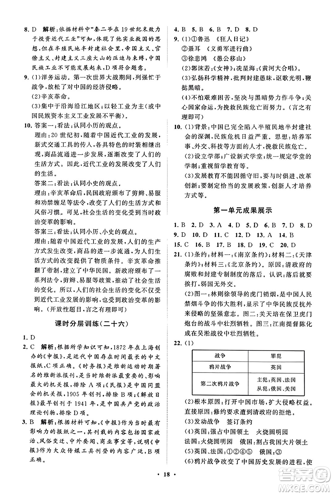 山東教育出版社2023年秋初中同步練習冊分層卷八年級中國歷史上冊通用版答案