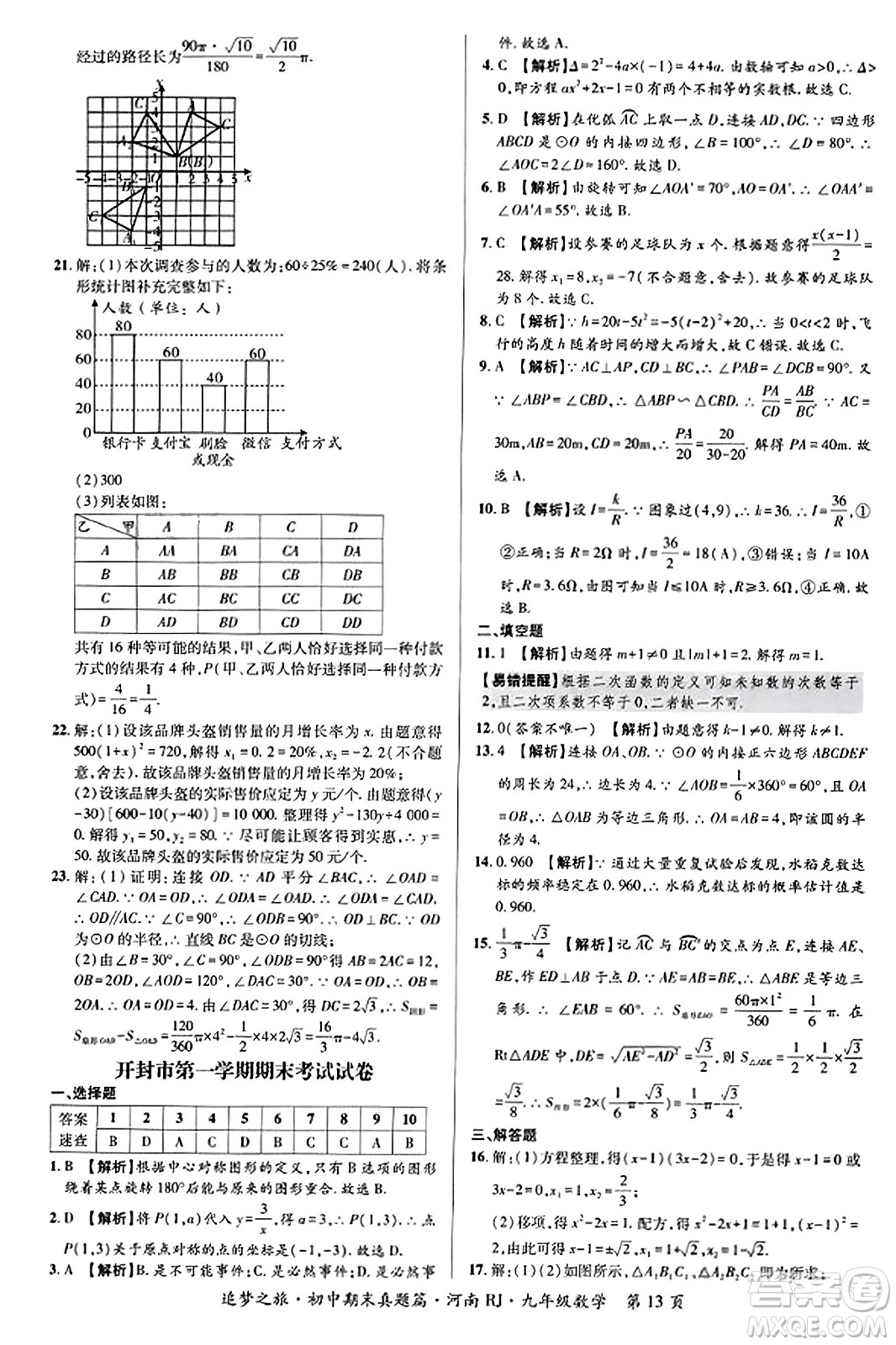 天津科學(xué)技術(shù)出版社2023年秋追夢(mèng)之旅初中期末真題篇九年級(jí)數(shù)學(xué)全一冊(cè)人教版河南專版答案