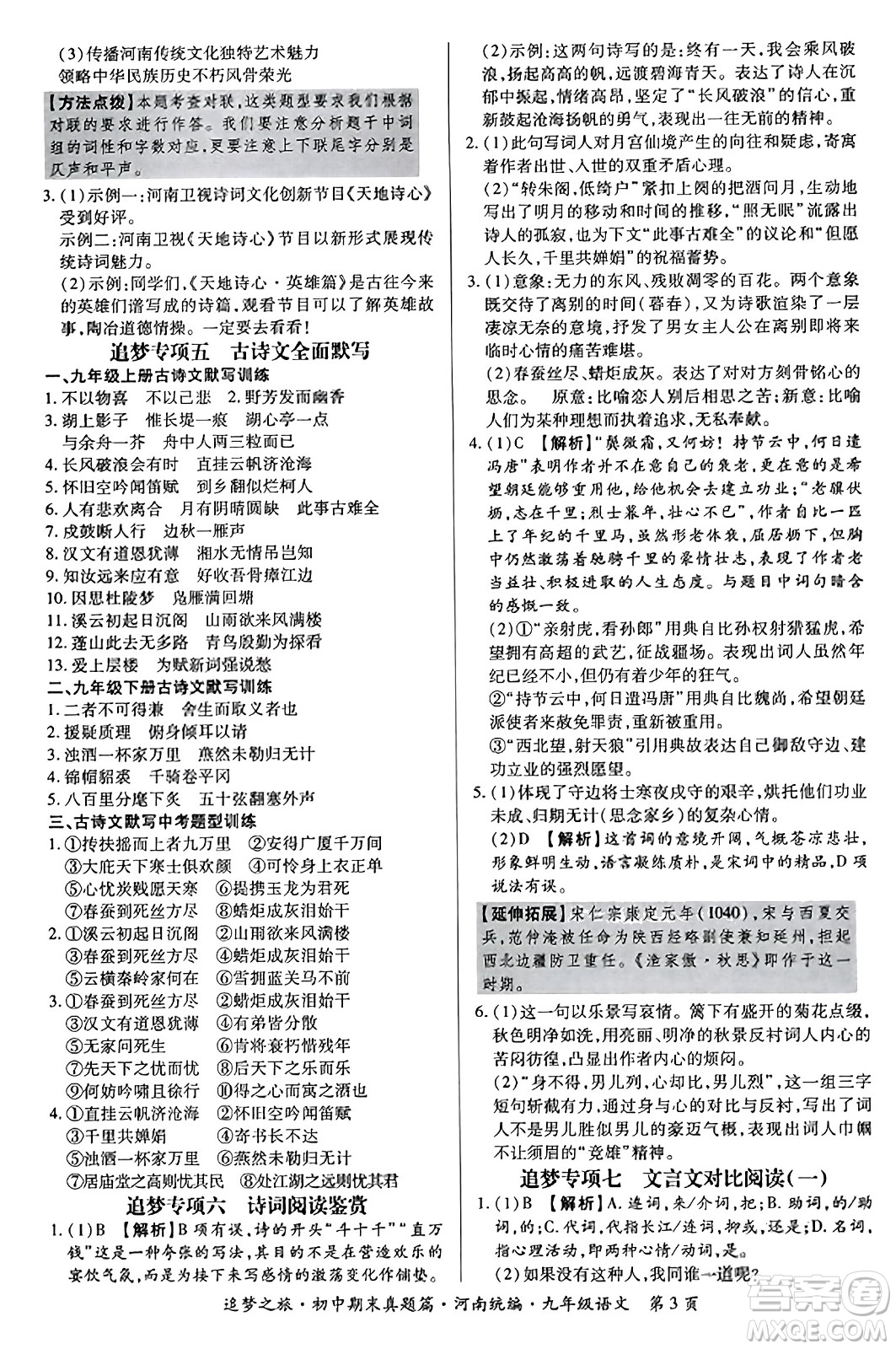 天津科學技術出版社2023年秋追夢之旅初中期末真題篇九年級語文全一冊人教版河南專版答案