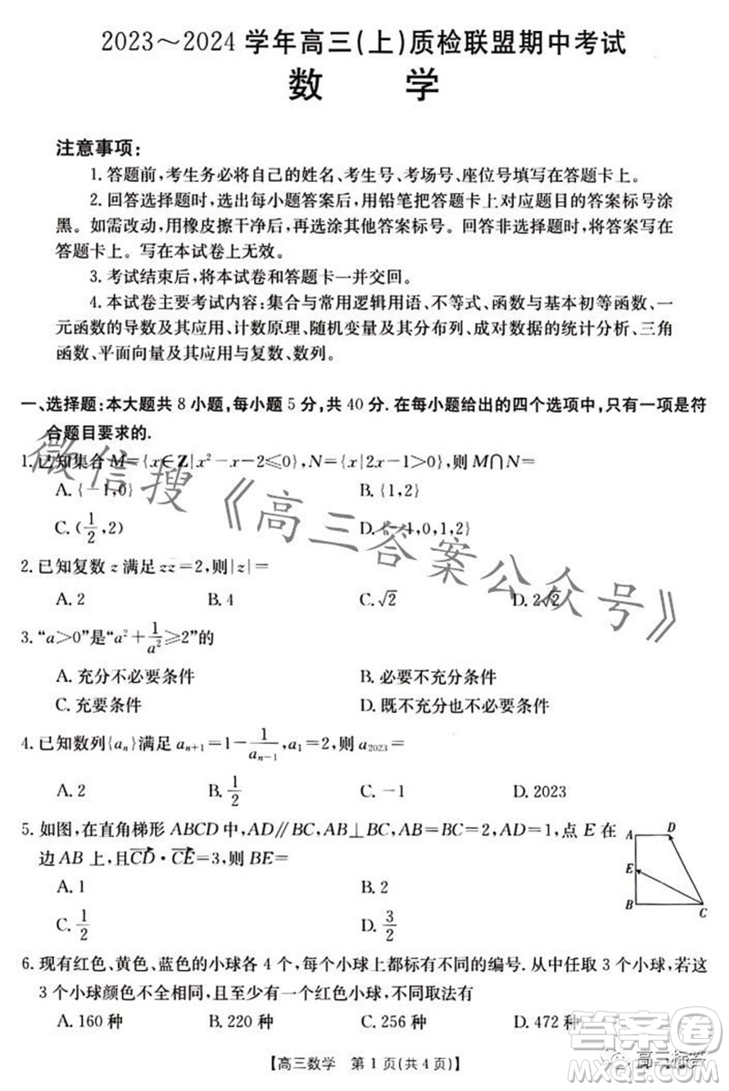 2024屆河北高三10月份質(zhì)檢聯(lián)盟期中考試24-116數(shù)學(xué)試卷答案