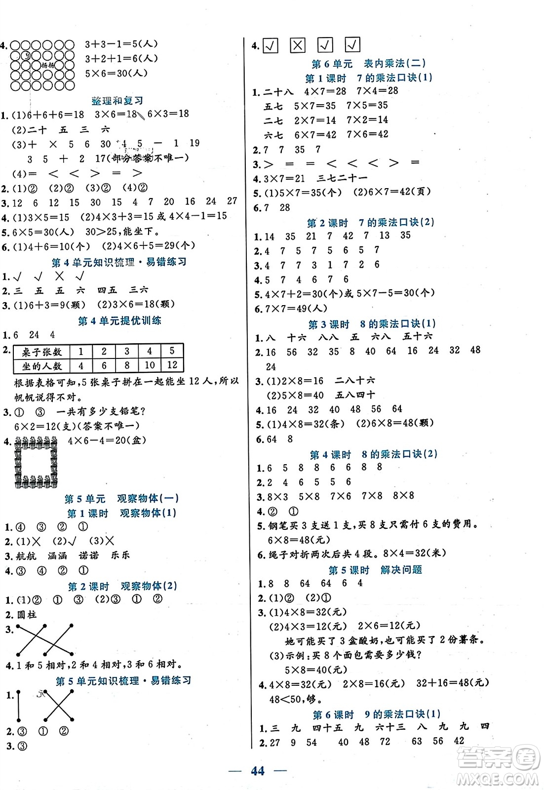 陽光出版社2023年秋激活思維智能訓(xùn)練二年級數(shù)學(xué)上冊人教版答案