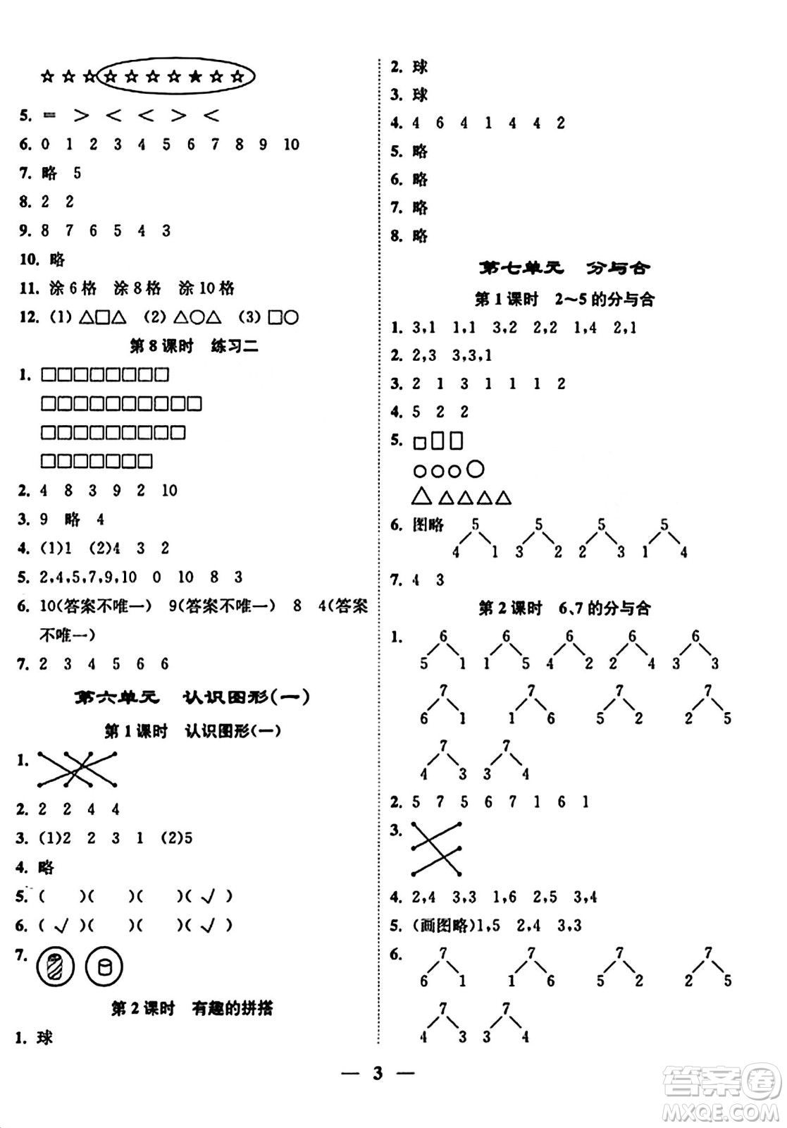 江蘇鳳凰美術(shù)出版社2023年秋隨堂練1+2一年級數(shù)學上冊江蘇版答案