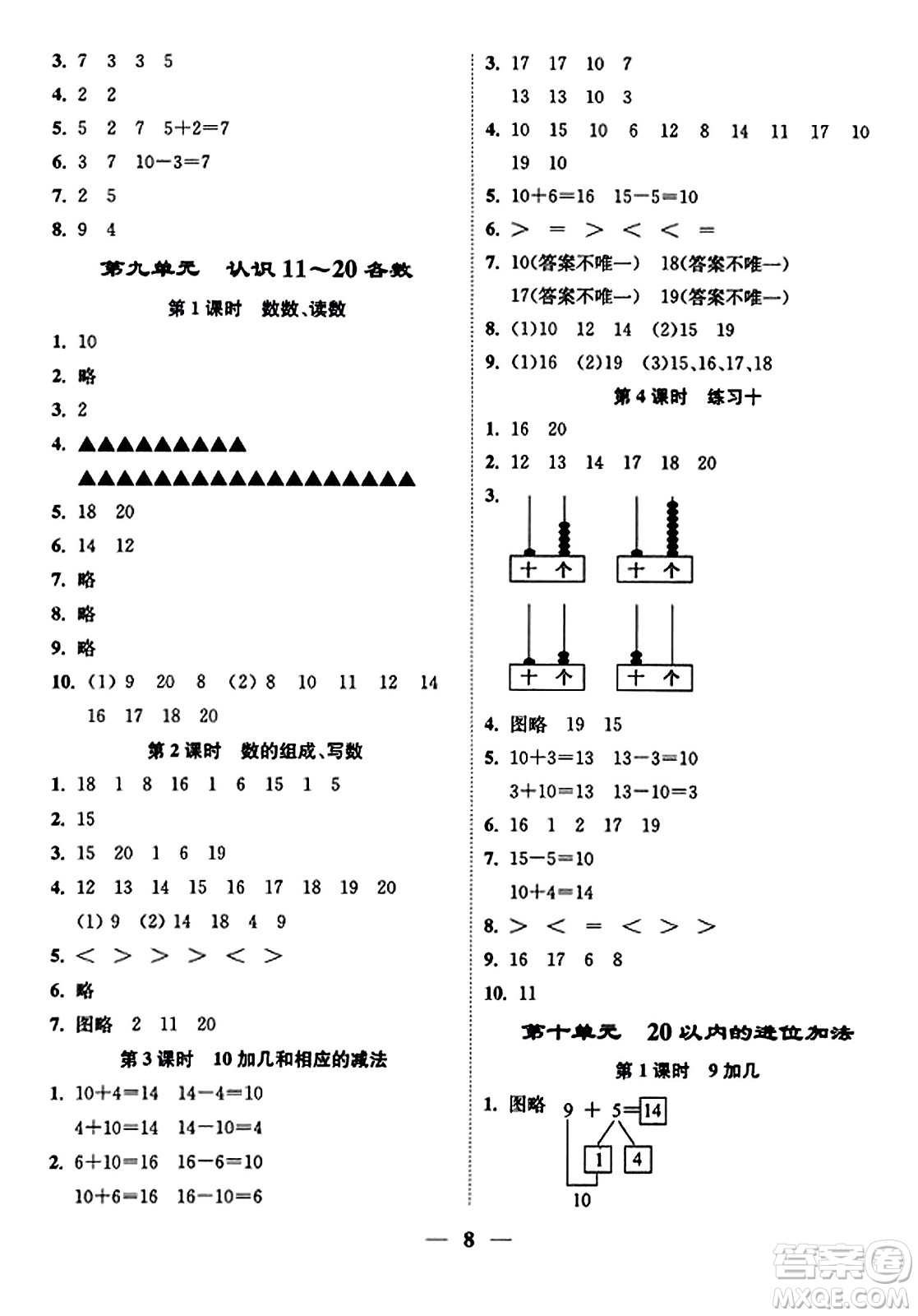 江蘇鳳凰美術(shù)出版社2023年秋隨堂練1+2一年級數(shù)學上冊江蘇版答案