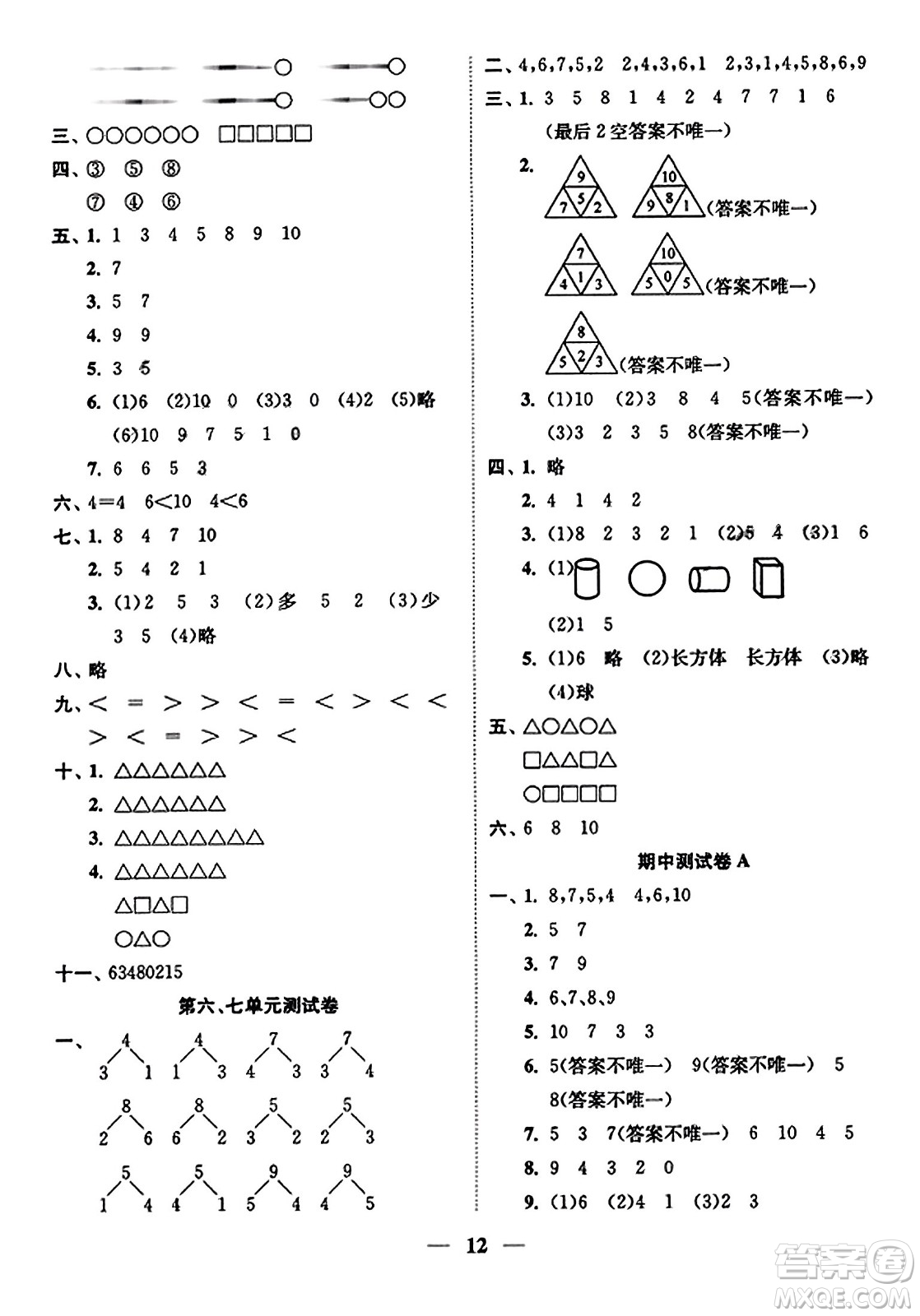 江蘇鳳凰美術(shù)出版社2023年秋隨堂練1+2一年級數(shù)學上冊江蘇版答案