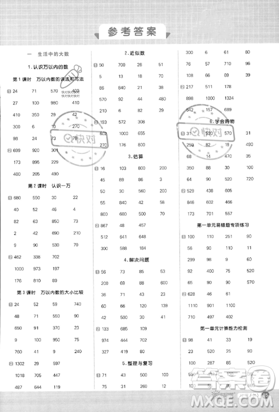 江西教育出版社2023年秋陽光同學計算小達人三年級數學上冊冀教版答案