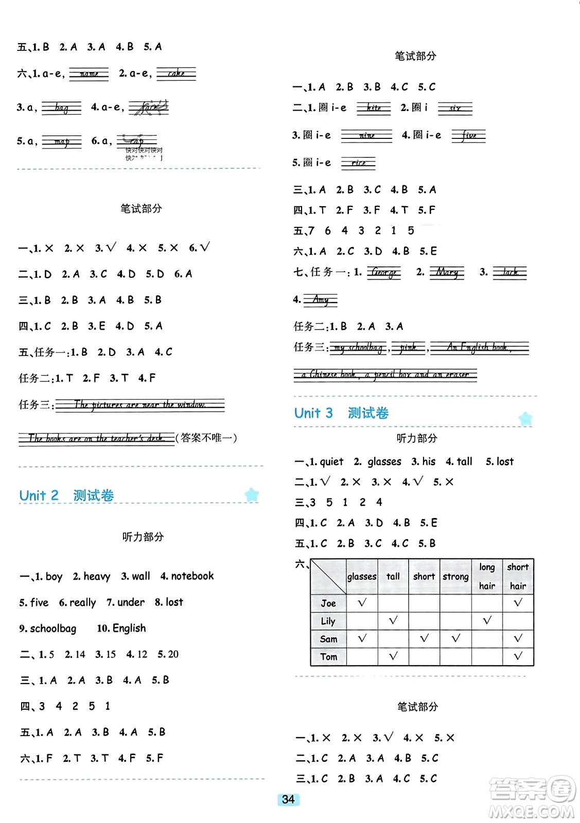 浙江教育出版社2023年秋精準學與練四年級英語上冊人教版答案