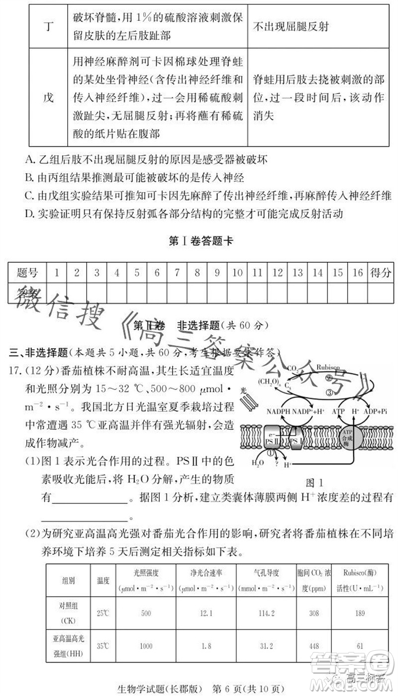 大聯(lián)考長郡中學2024屆高三上學期月考試卷三生物試題答案