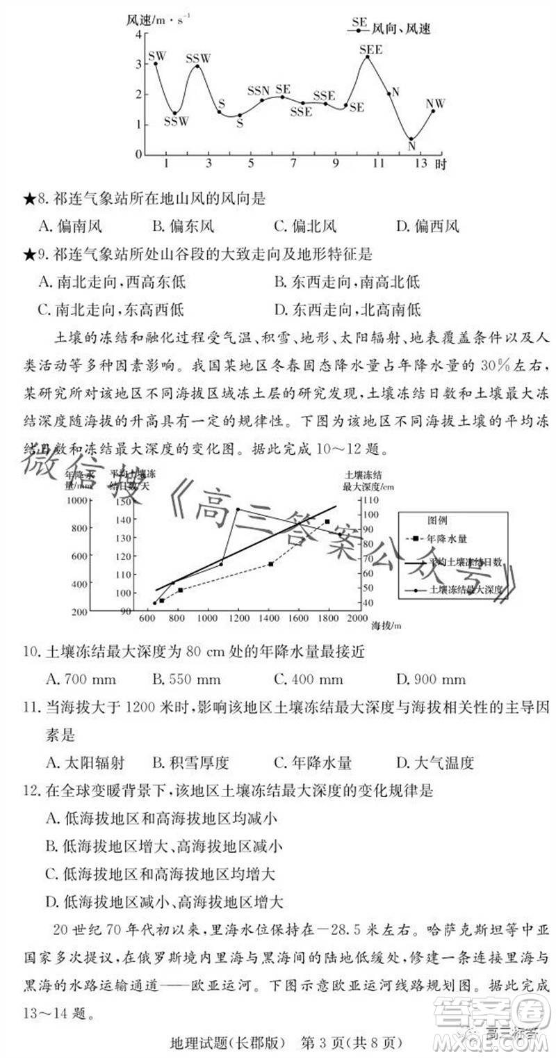 大聯(lián)考長郡中學2024屆高三上學期月考試卷三地理試題答案