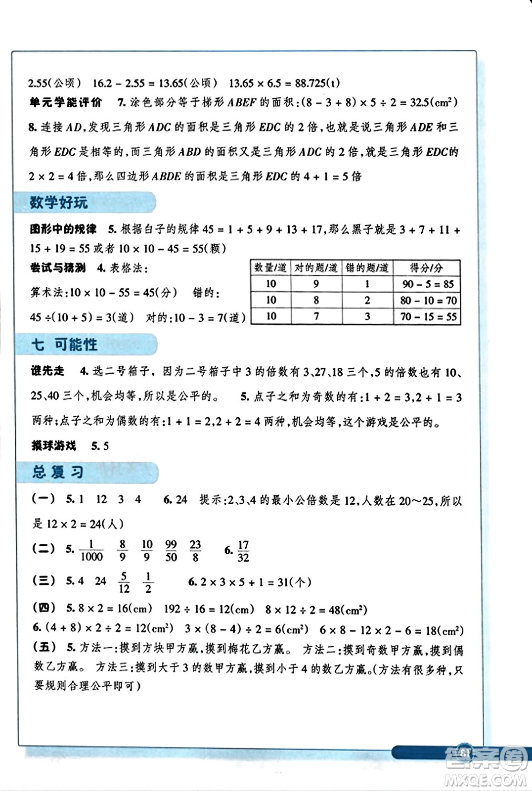 浙江教育出版社2023年秋學(xué)能評(píng)價(jià)五年級(jí)數(shù)學(xué)上冊(cè)北師大版答案