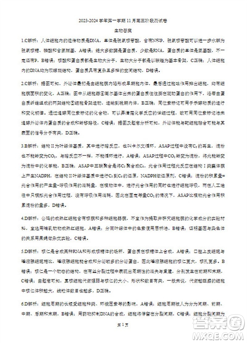 河北省新時代NT教育2024學(xué)年第一學(xué)期11月高三階段測試卷生物答案