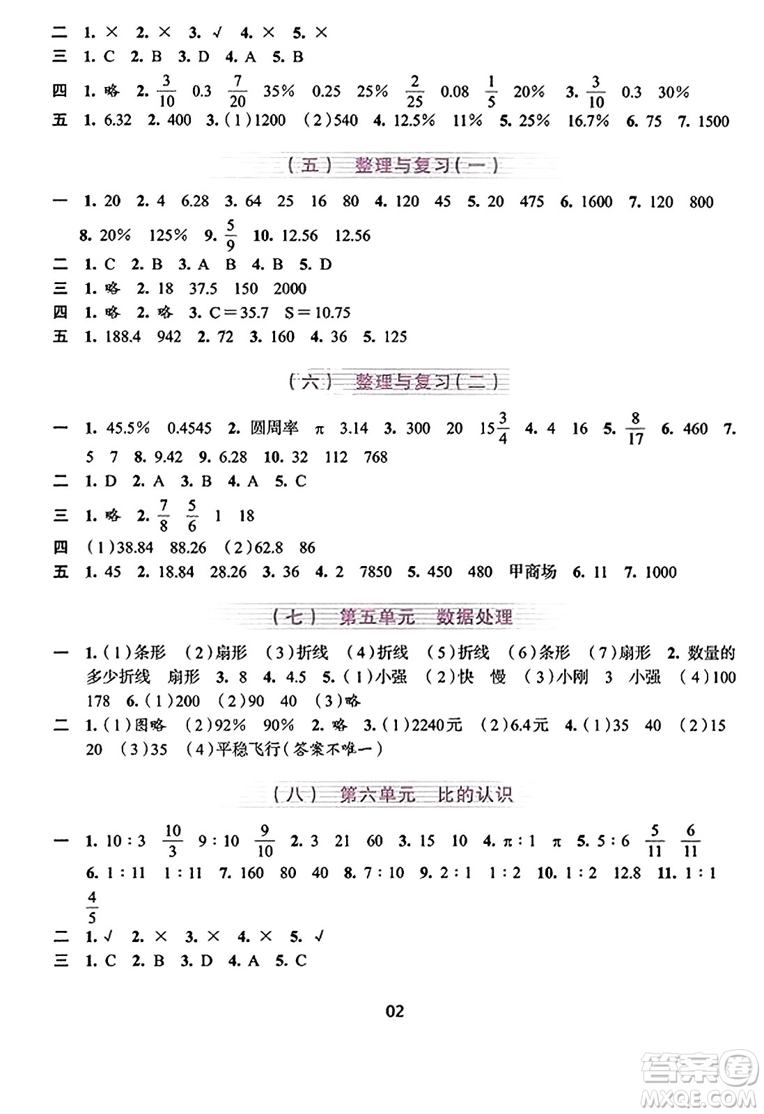 浙江人民出版社2023年秋學習與評價六年級數學上冊通用版答案