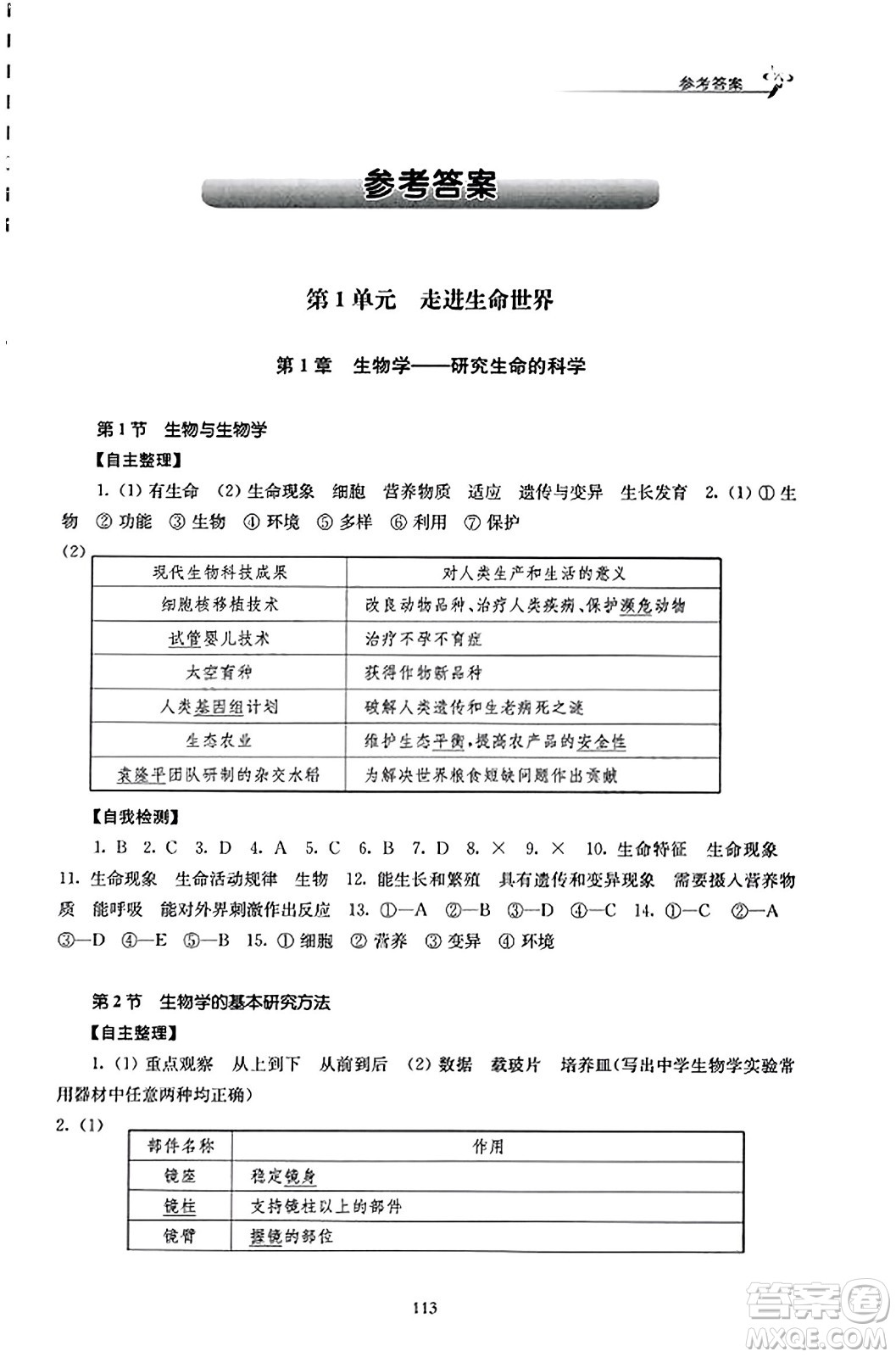 江蘇鳳凰教育出版社2023年秋學習與評價七年級生物上冊蘇科版答案