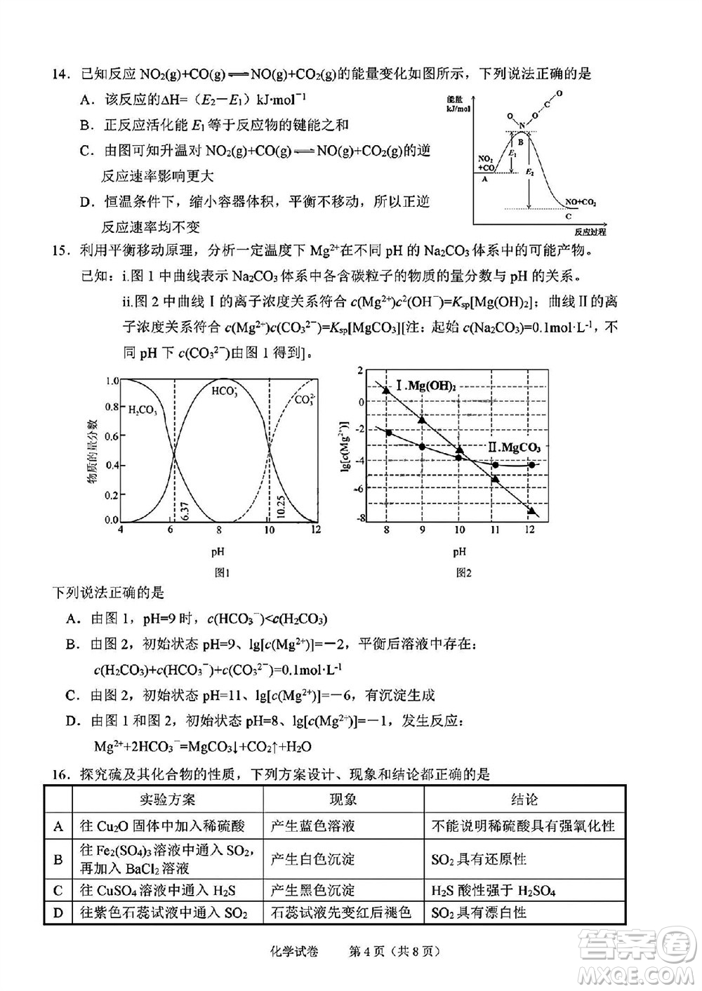 2023年11月紹興市高三上學(xué)期選考科目診斷性考試化學(xué)試題答案