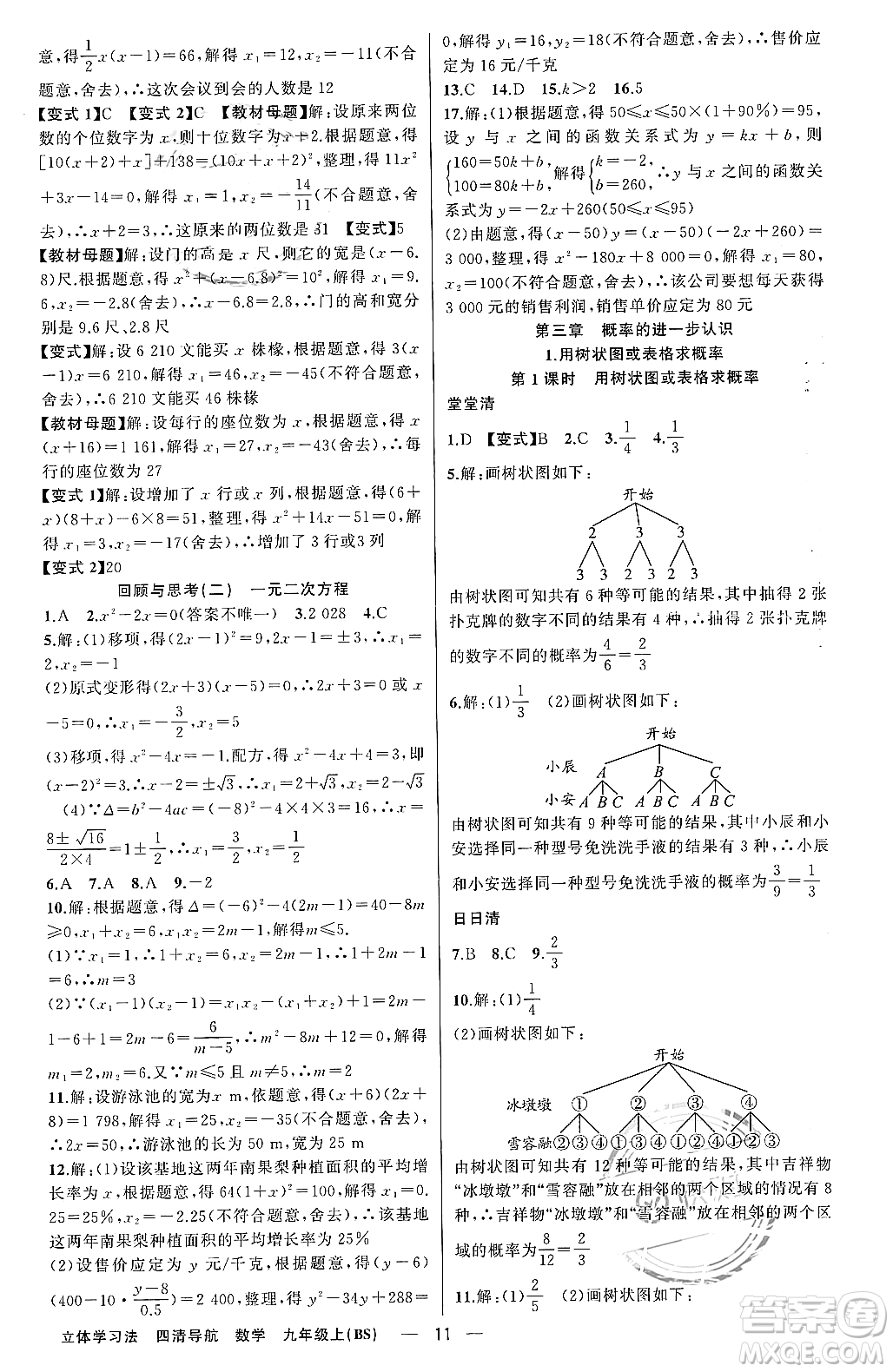 新疆青少年出版社2023年秋四清導(dǎo)航九年級(jí)數(shù)學(xué)上冊(cè)北師大版遼寧專班答案