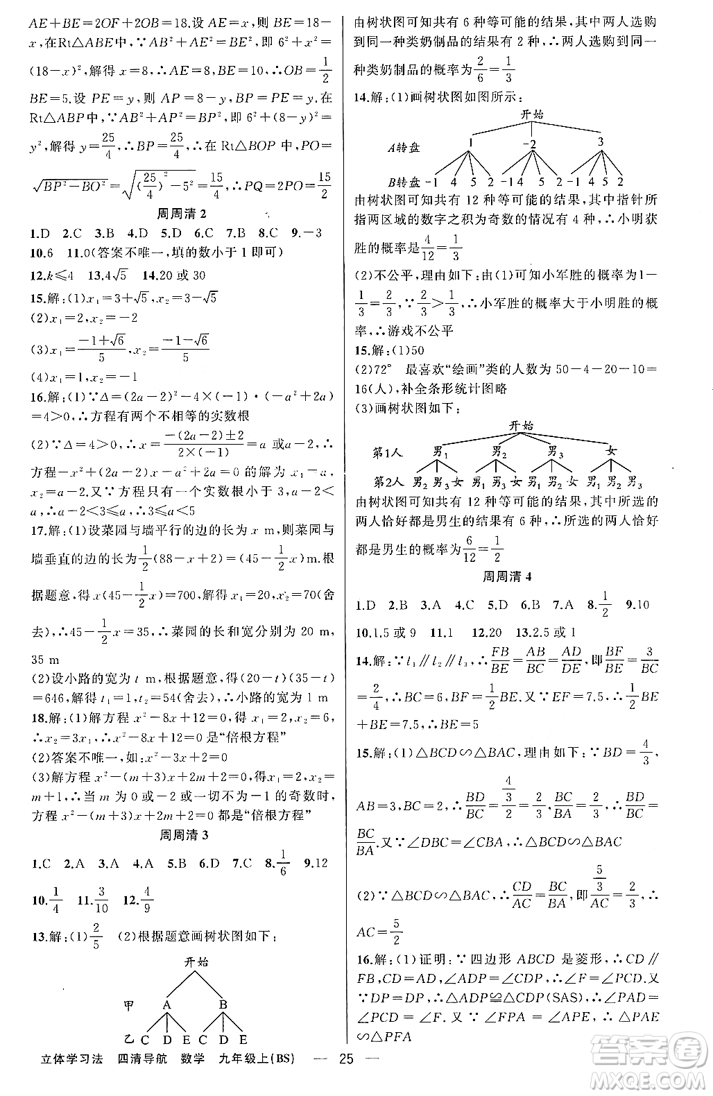 新疆青少年出版社2023年秋四清導(dǎo)航九年級(jí)數(shù)學(xué)上冊(cè)北師大版遼寧專班答案