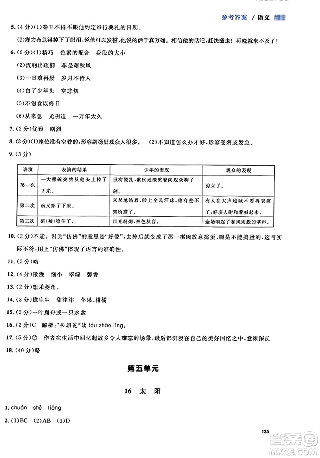 天津人民出版社2023年秋上海作業(yè)五年級語文上冊上海專版答案