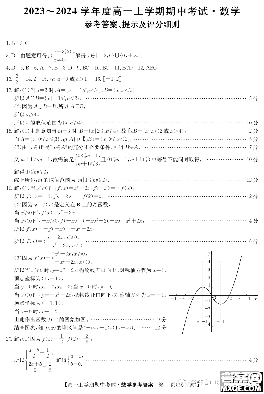 廣東深圳聯(lián)盟校2023-2024學(xué)年高一上學(xué)期期中考試數(shù)學(xué)試題答案