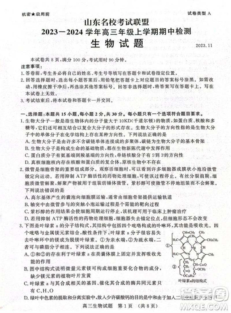 山東省名?？荚嚶?lián)盟2023-2024學(xué)年高三上學(xué)期11月期中檢測(cè)生物試題答案