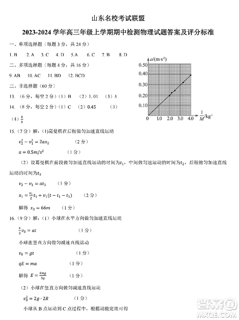 山東省名校考試聯(lián)盟2023-2024學(xué)年高三上學(xué)期11月期中檢測(cè)物理試題答案