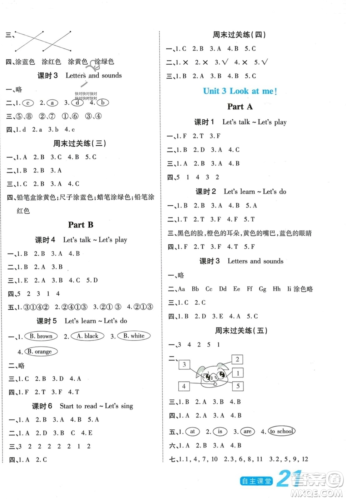 陽光出版社2023年秋自主課堂三年級(jí)英語上冊(cè)人教PEP版答案