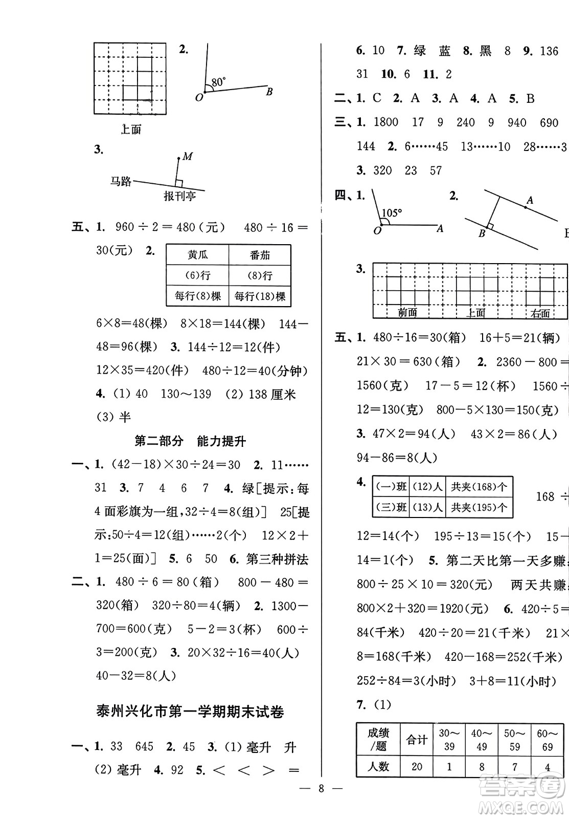 江蘇鳳凰美術(shù)出版社2023年秋超能學(xué)典各地期末試卷精選四年級(jí)數(shù)學(xué)上冊(cè)江蘇版答案