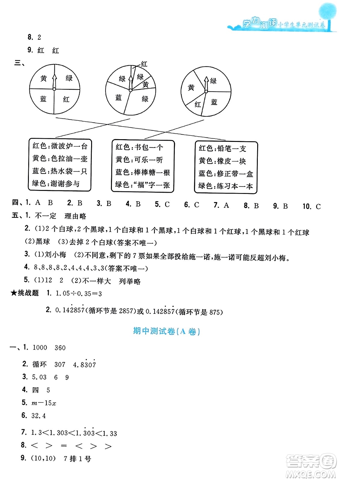 浙江工商大學出版社2023年秋學力測評小學生單元測試卷五年級數(shù)學上冊人教版答案