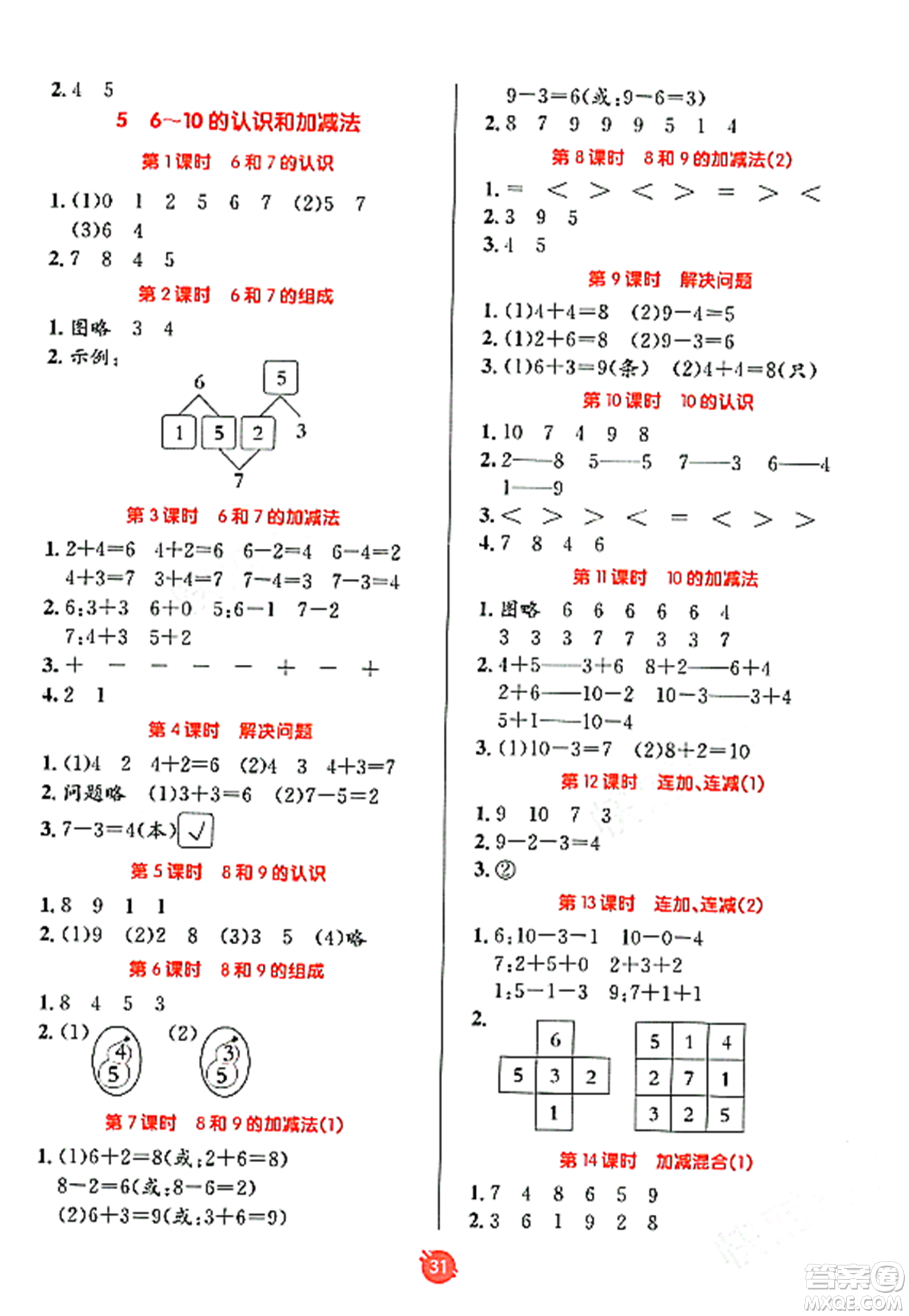 新疆青少年出版社2023年秋同行課課100分過關(guān)作業(yè)一年級數(shù)學(xué)上冊人教版答案