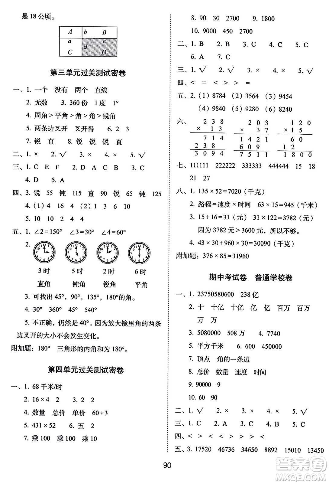 長春出版社2023年秋期末沖刺100分完全試卷四年級(jí)數(shù)學(xué)上冊(cè)人教版答案