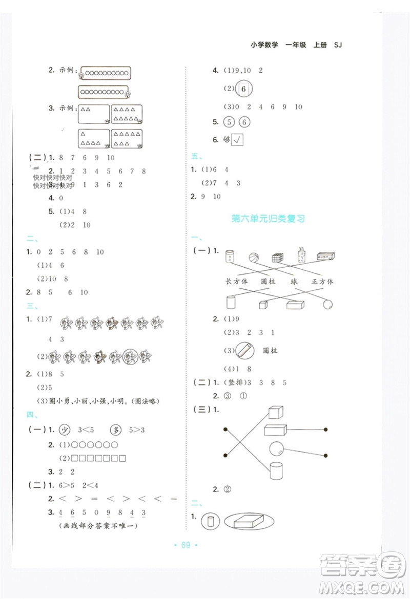 首都師范大學(xué)出版社2023年秋53單元?dú)w類(lèi)復(fù)習(xí)一年級(jí)數(shù)學(xué)上冊(cè)蘇教版參考答案