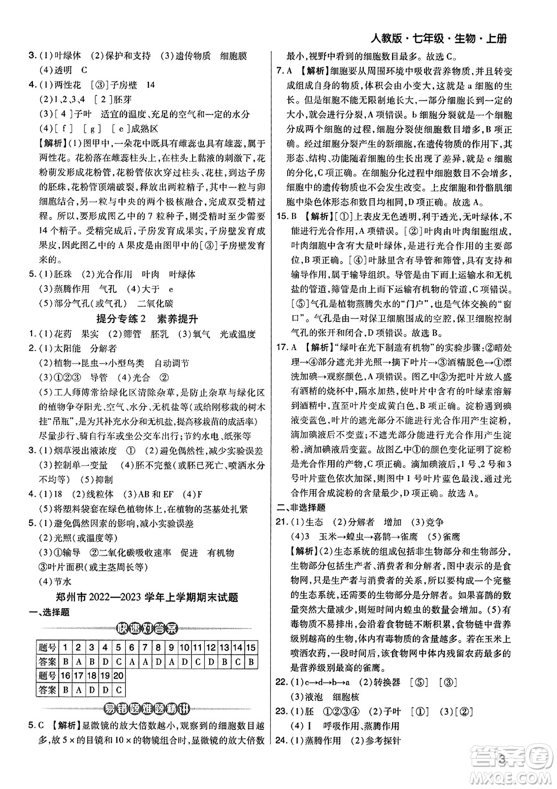 陽光出版社2023年秋期末考試必刷卷七年級生物上冊人教版河南專版答案