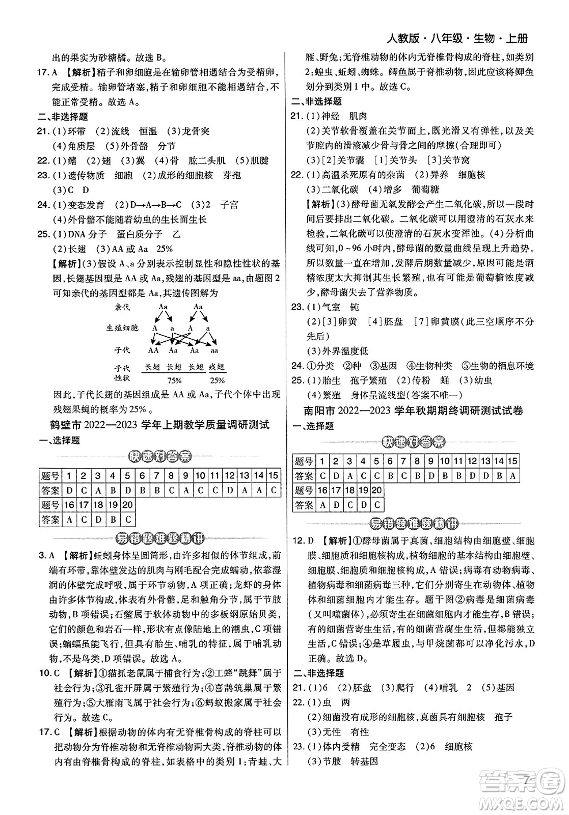 陽光出版社2023年秋期末考試必刷卷八年級生物上冊人教版河南專版答案