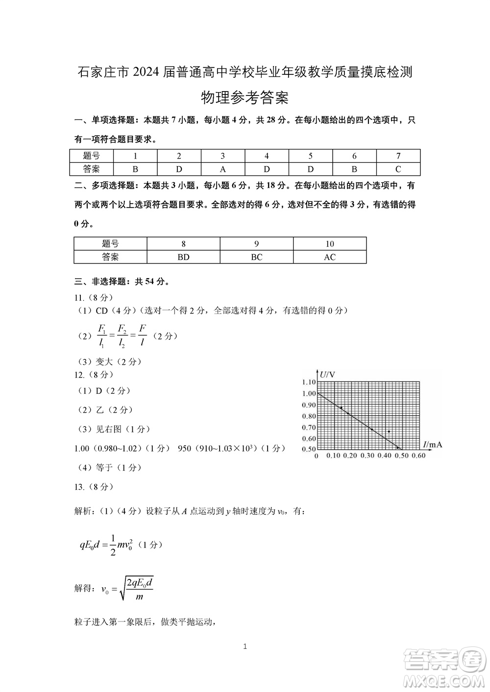 石家莊市2024屆高三上學(xué)期11月教學(xué)質(zhì)量摸底檢測物理答案