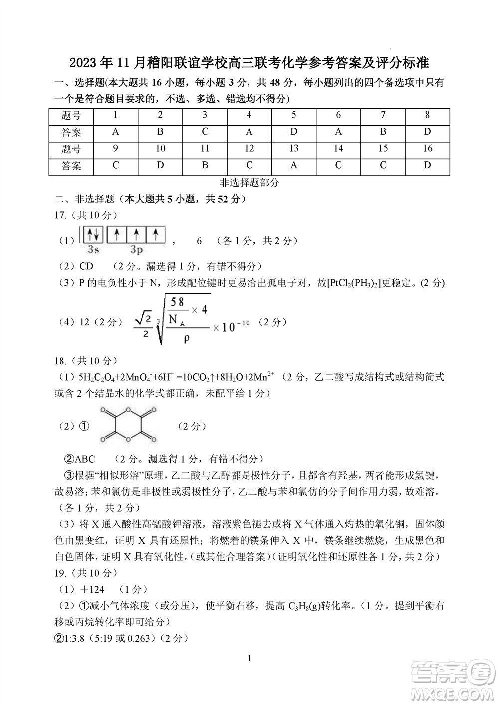 2023年11月浙江稽陽(yáng)聯(lián)誼學(xué)校高三聯(lián)考化學(xué)參考答案