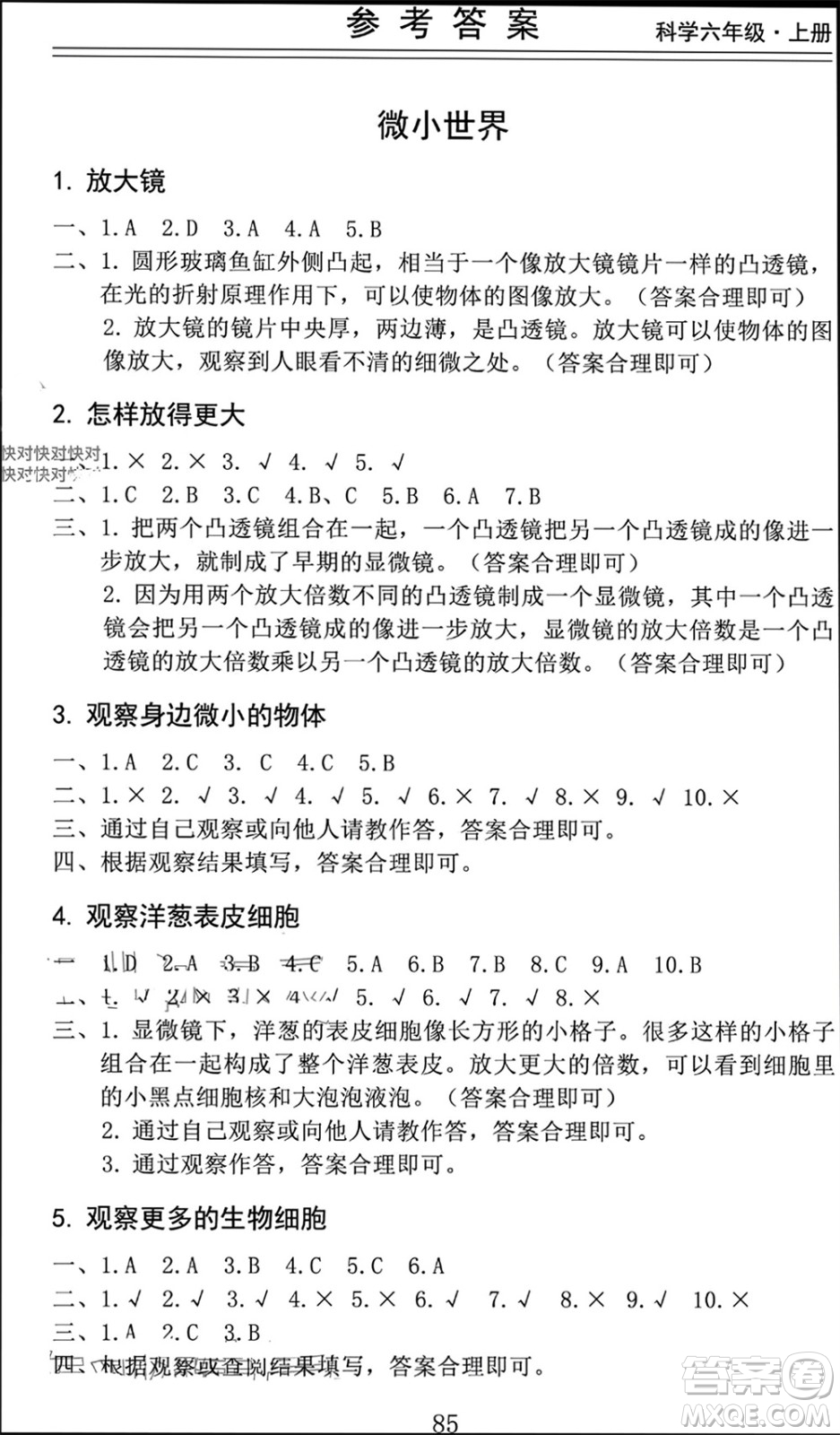 山東科學(xué)技術(shù)出版社2023年秋新思維伴你學(xué)六年級(jí)科學(xué)上冊(cè)教科版參考答案