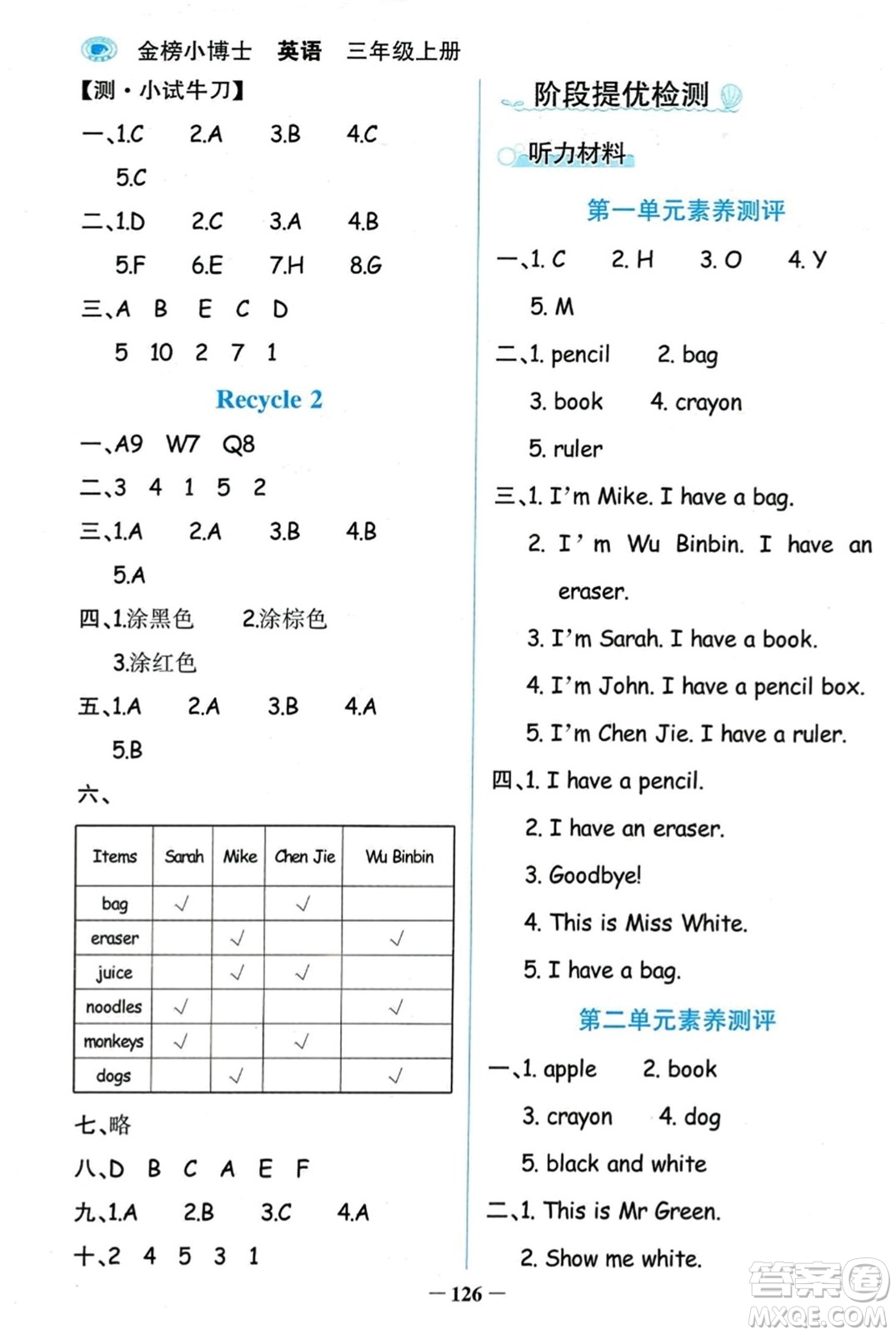 遼寧少年兒童出版社2023年秋世紀(jì)金榜金榜小博士三年級(jí)英語(yǔ)上冊(cè)通用版答案