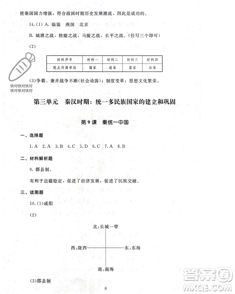 北京師范大學出版社2023年秋京師普教伴你學同步學習手冊七年級中國歷史上冊通用版參考答案