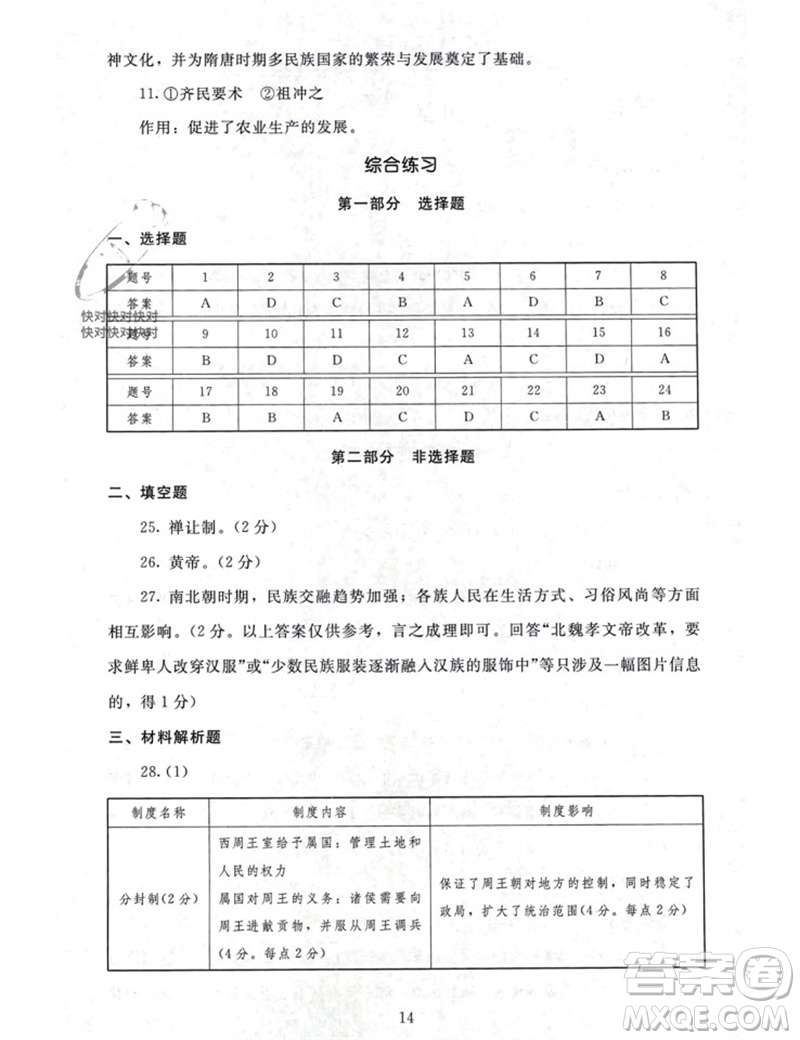 北京師范大學出版社2023年秋京師普教伴你學同步學習手冊七年級中國歷史上冊通用版參考答案