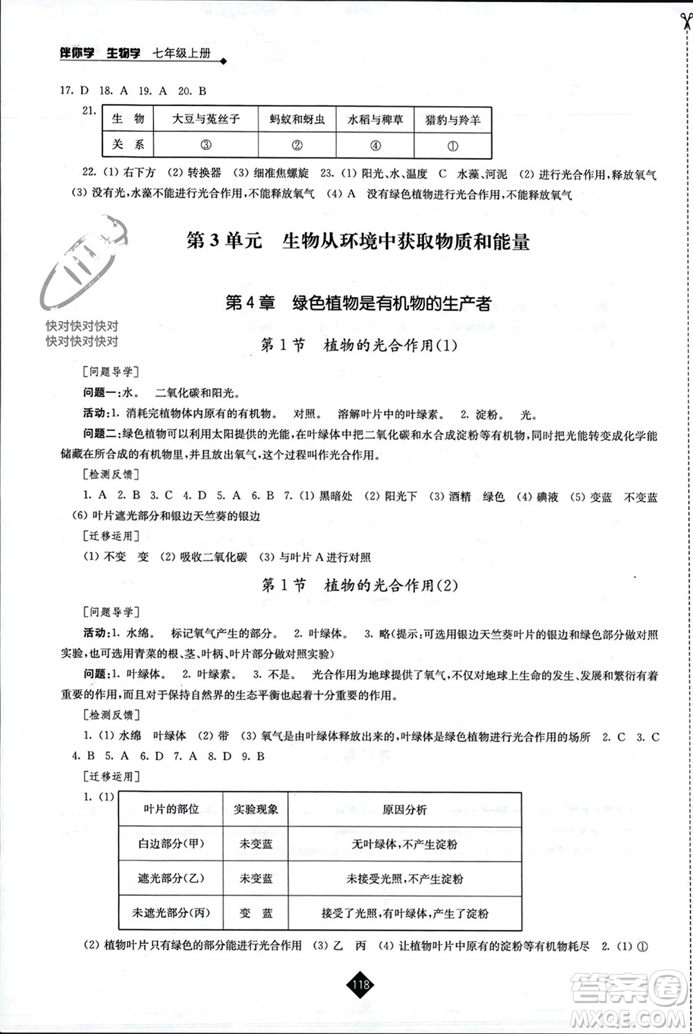 江蘇人民出版社2023年秋伴你學(xué)七年級生物上冊蘇科版參考答案