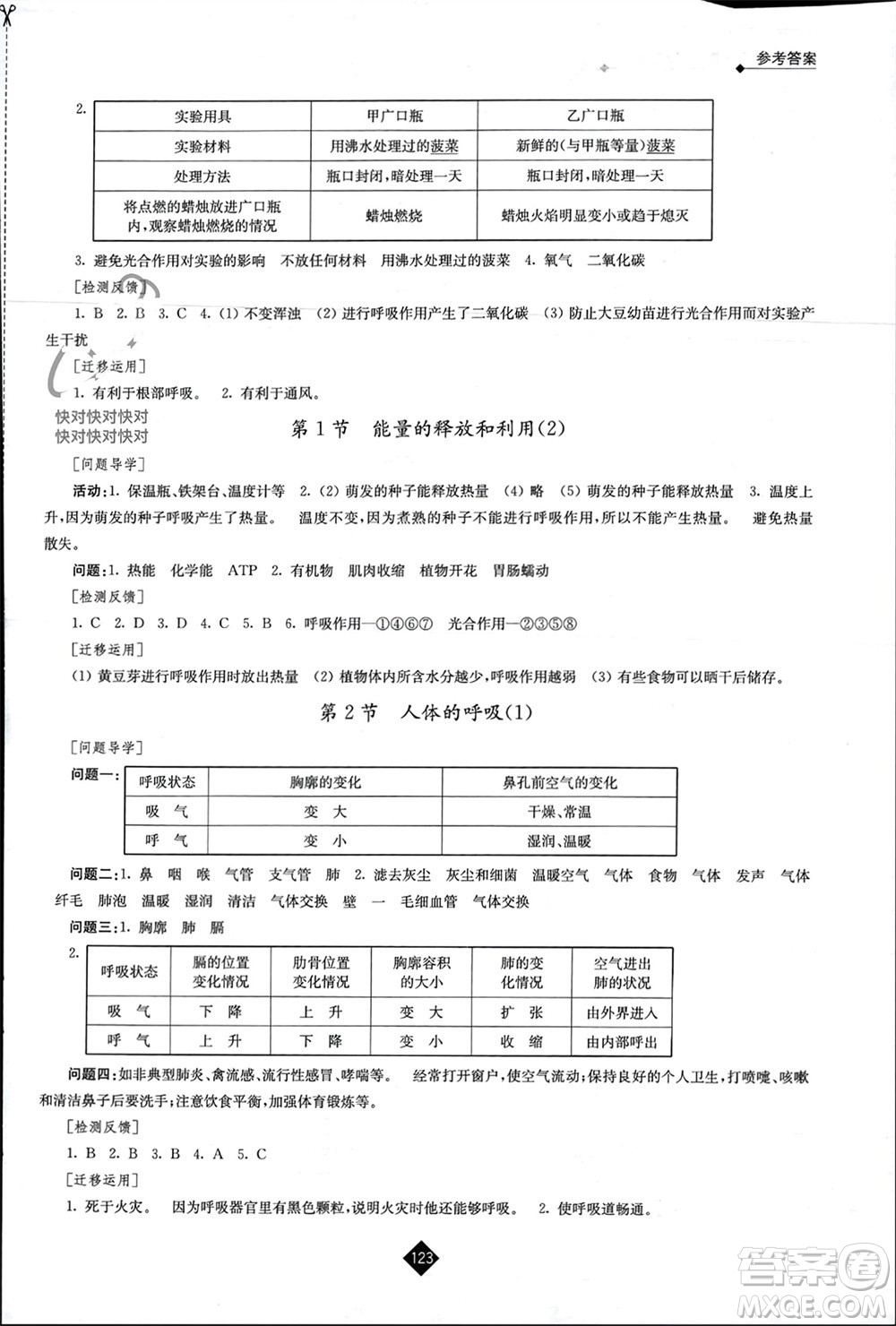 江蘇人民出版社2023年秋伴你學(xué)七年級生物上冊蘇科版參考答案